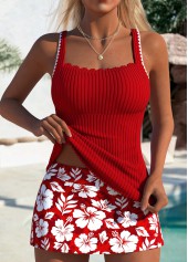 Mid Waisted Floral Print Red Tankini Set