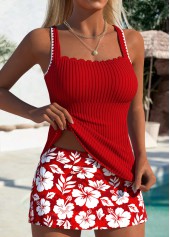 Mid Waisted Floral Print Red Tankini Set