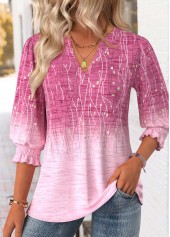 Ombre Pink 3/4 Sleeve Round Neck Blouse