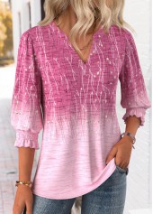Ombre Pink 3/4 Sleeve Round Neck Blouse