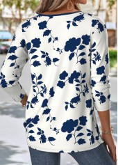 Floral Print Navy Long Sleeve Split Neck T Shirt
