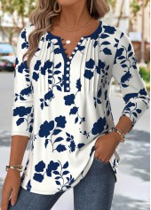 Floral Print Navy Long Sleeve Split Neck T Shirt