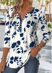 Floral Print Navy Long Sleeve Split Neck T Shirt