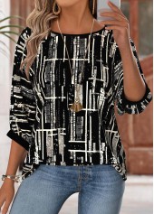 Geometric Print Black 3/4 Sleeve Round Neck Blouse