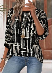 Geometric Print Black 3/4 Sleeve Round Neck Blouse