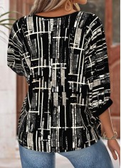 Geometric Print Black 3/4 Sleeve Round Neck Blouse