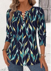 Leaf Print Navy Long Sleeve Split Neck Blouse