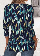 Leaf Print Navy Long Sleeve Split Neck Blouse