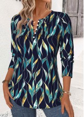 Leaf Print Navy Long Sleeve Split Neck Blouse