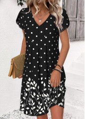 Polka Dot Black Short V Neck Dress