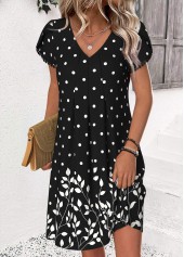 Polka Dot Black Short V Neck Dress