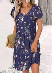 Floral Print Navy Short V Neck Dress