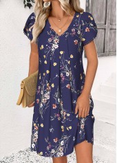 Floral Print Navy Short V Neck Dress