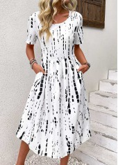 Geometric Print Black Short Sleeve Round Neck Dress