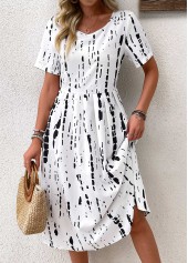 Geometric Print Black Short Sleeve Round Neck Dress