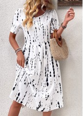 Geometric Print Black Short Sleeve Round Neck Dress