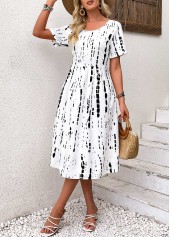 Geometric Print Black Short Sleeve Round Neck Dress