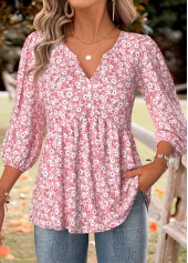 Ditsy Floral Print Pink 3/4 Sleeve Split Neck Blouse