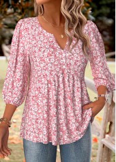 Ditsy Floral Print Pink 3/4 Sleeve Split Neck Blouse