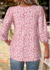 Ditsy Floral Print Pink 3/4 Sleeve Split Neck Blouse