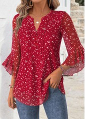 Floral Print Red 3/4 Sleeve Split Neck Blouse