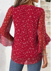 Floral Print Red 3/4 Sleeve Split Neck Blouse