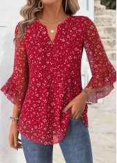 Floral Print Red 3/4 Sleeve Split Neck Blouse