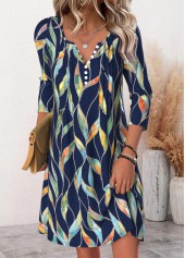 Leaf Print Navy Short Long Sleeve Split Neck Dress
