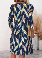Leaf Print Navy Short Long Sleeve Split Neck Dress