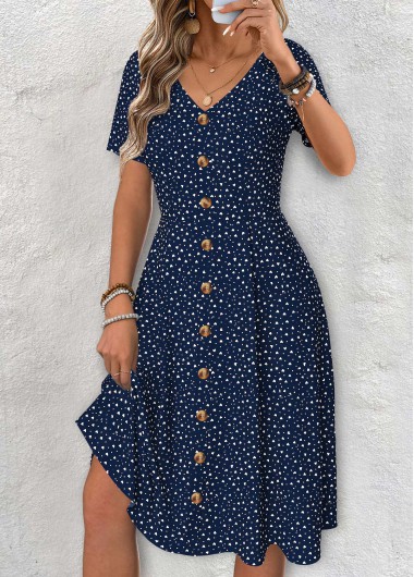 Polka Dot Navy Short Sleeve V Neck Dress