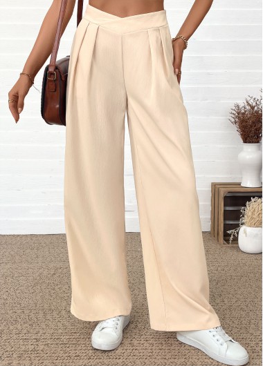 Pocket Beige Wide Leg Elastic Waist High Waisted Pants