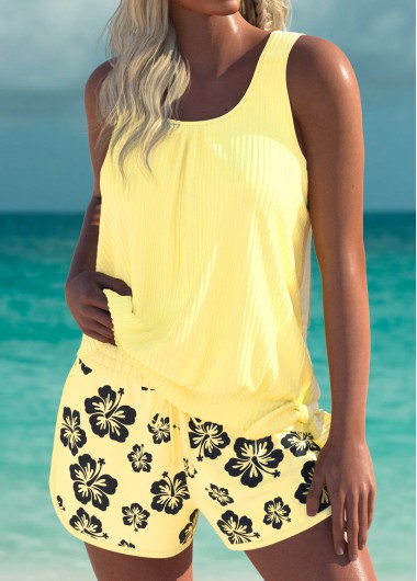 Mid Waisted Floral Print Light Yellow Tankini Set