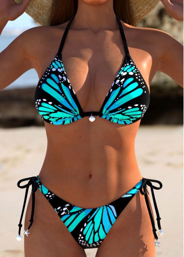 Low Waisted Butterfly Print Blue Bikini Set