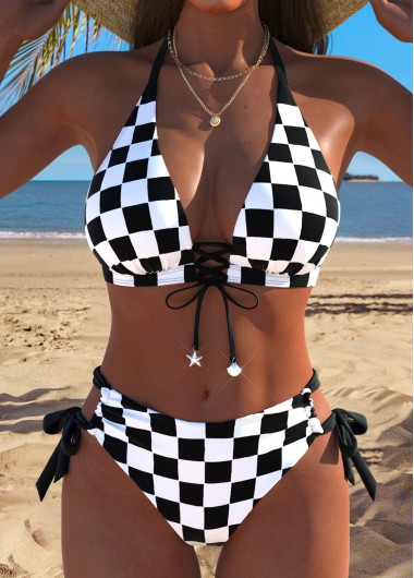 Mid Waisted Plaid Black Bikini Set