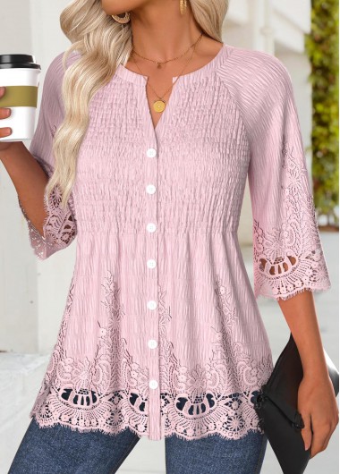 Light Pink 3/4 Sleeve Split Neck Blouse