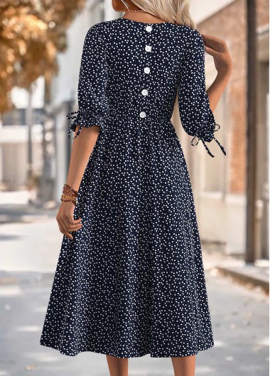 Heart Print Black 3/4 Sleeve Round Neck Dress