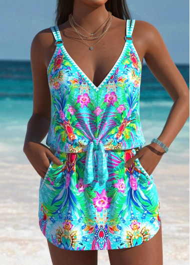 Tropical Plants Print Cyan One Piece Swimdress