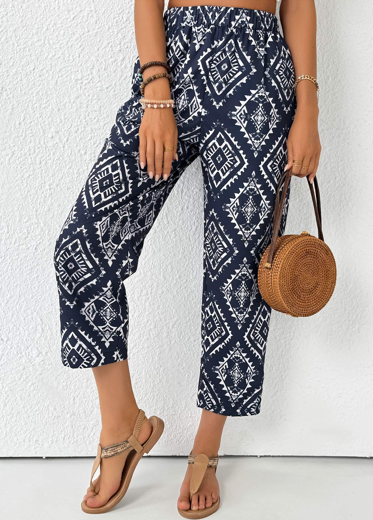 Tribal Print Navy Straight Leg Elastic Waist Pants