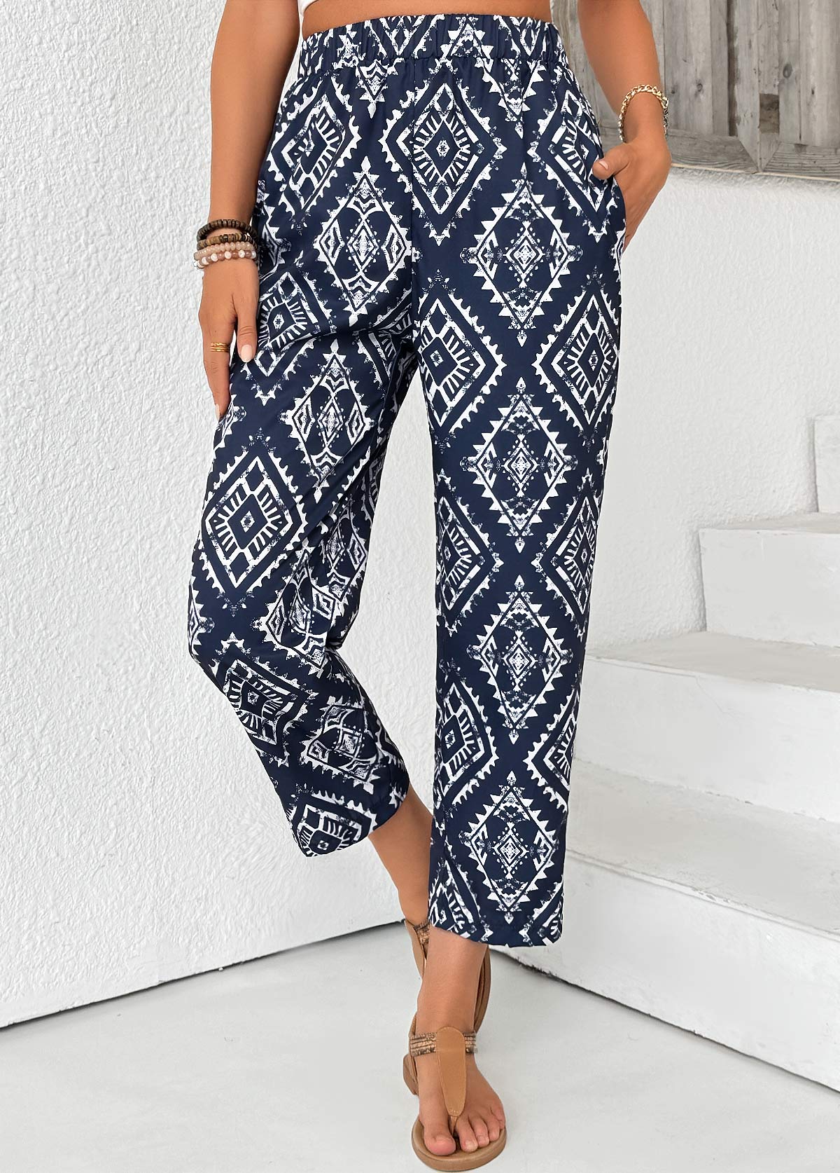 Tribal Print Navy Straight Leg Elastic Waist Pants