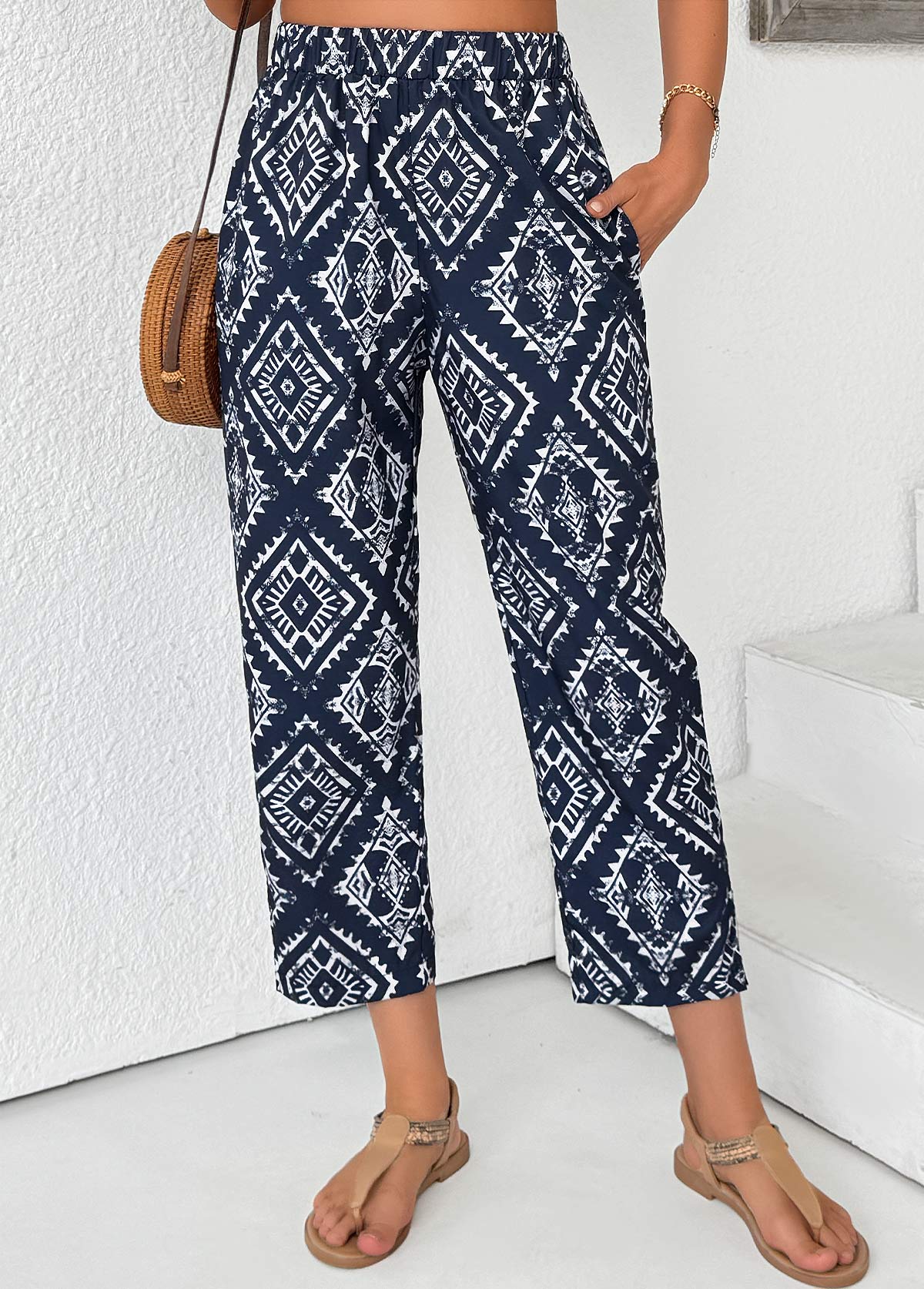 Tribal Print Navy Straight Leg Elastic Waist Pants