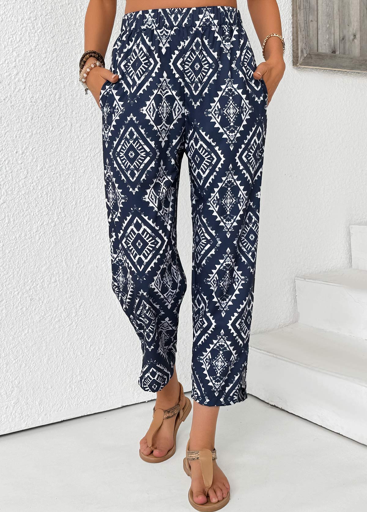 Tribal Print Navy Straight Leg Elastic Waist Pants