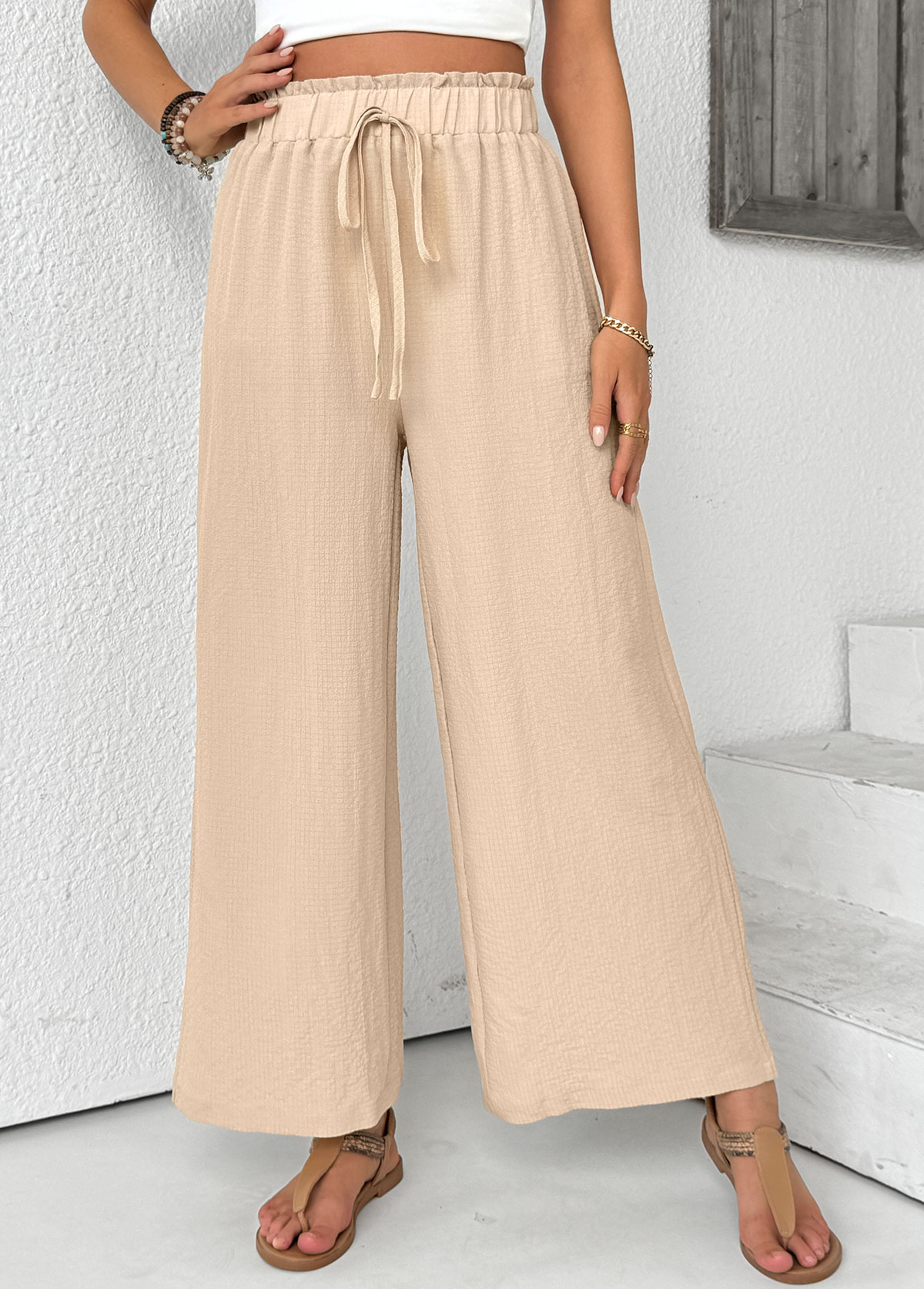 Light Coffee Wide Leg Elastic Waist High Waisted Pants
