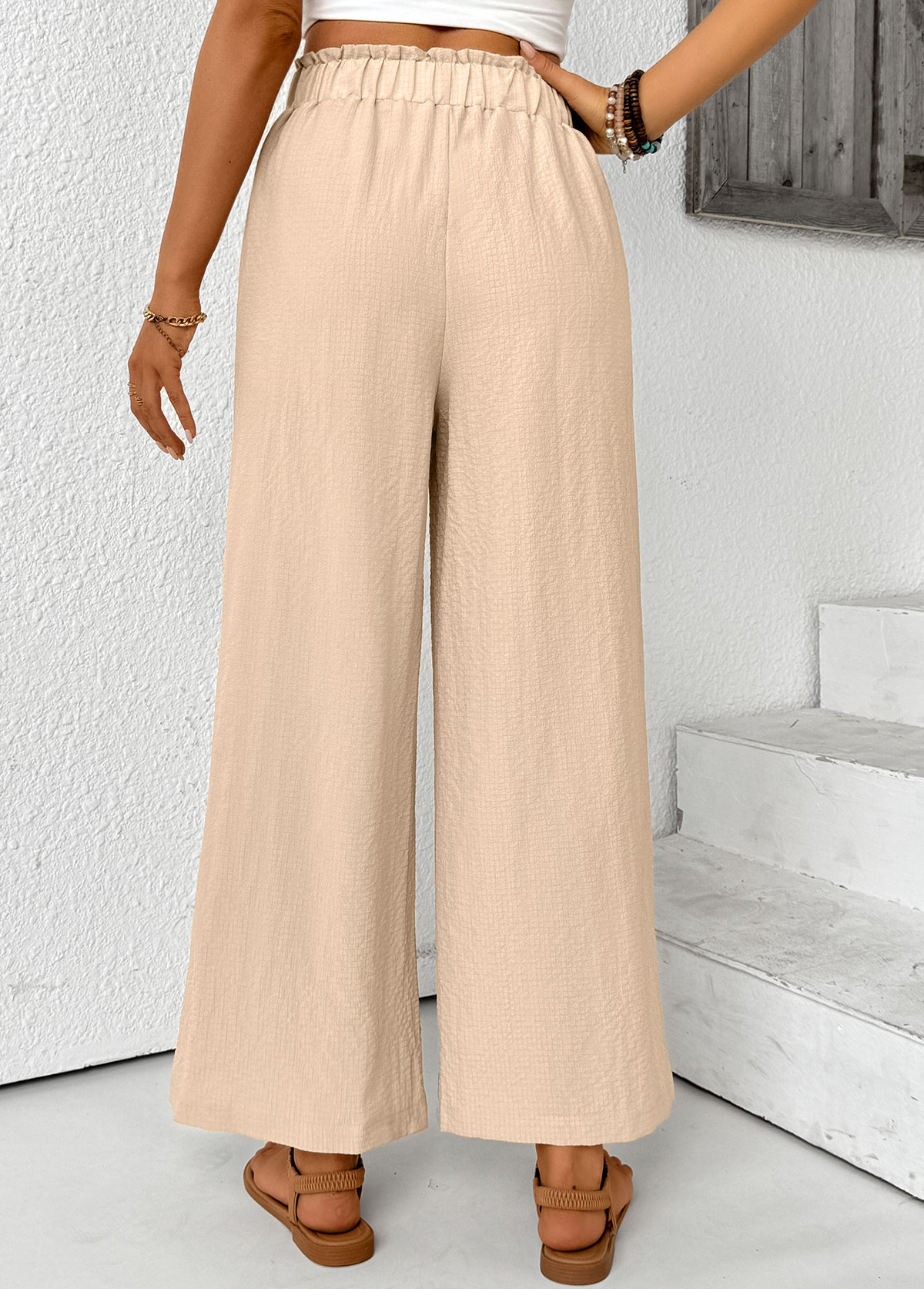 Light Coffee Wide Leg Elastic Waist High Waisted Pants