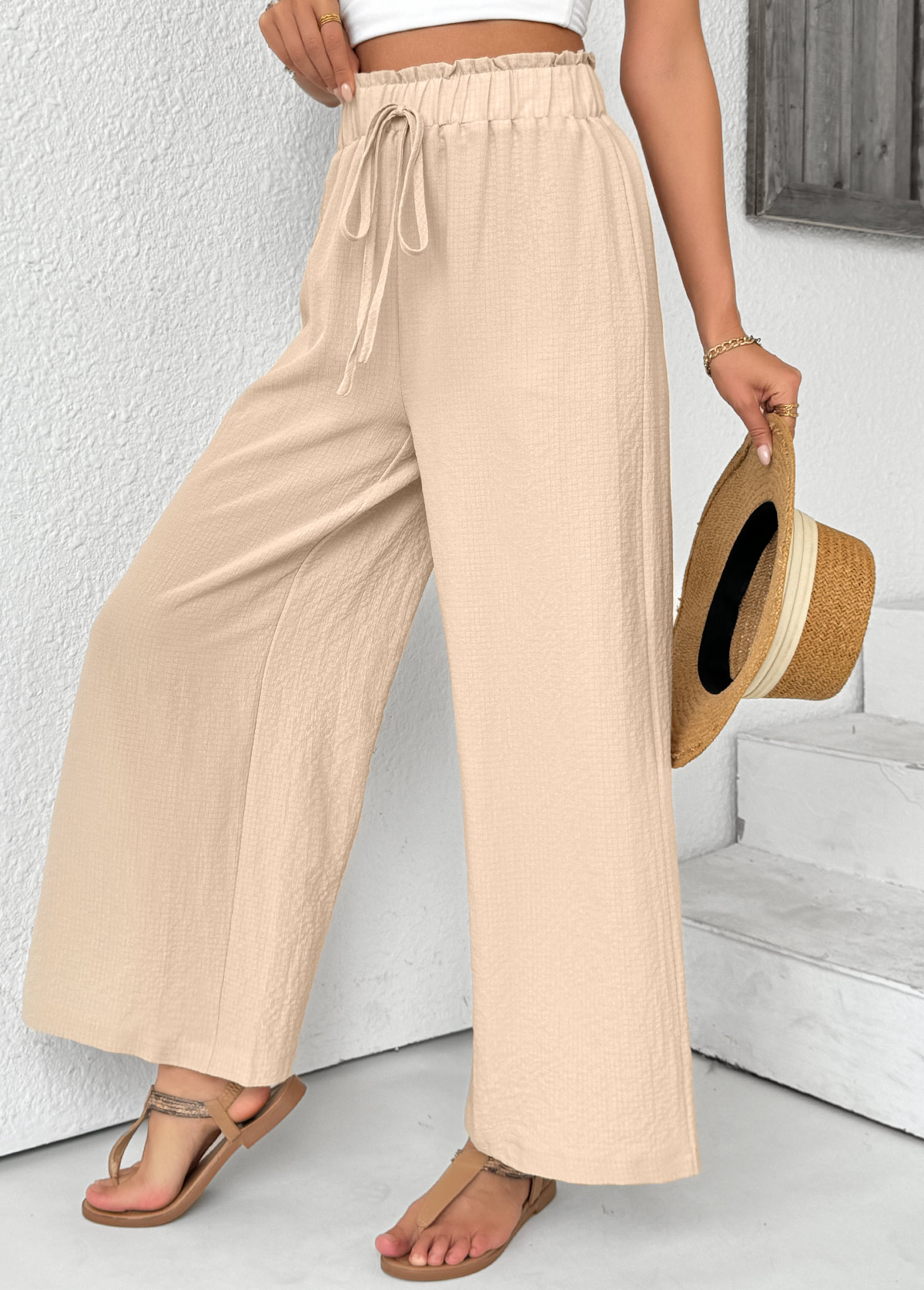 Light Coffee Wide Leg Elastic Waist High Waisted Pants