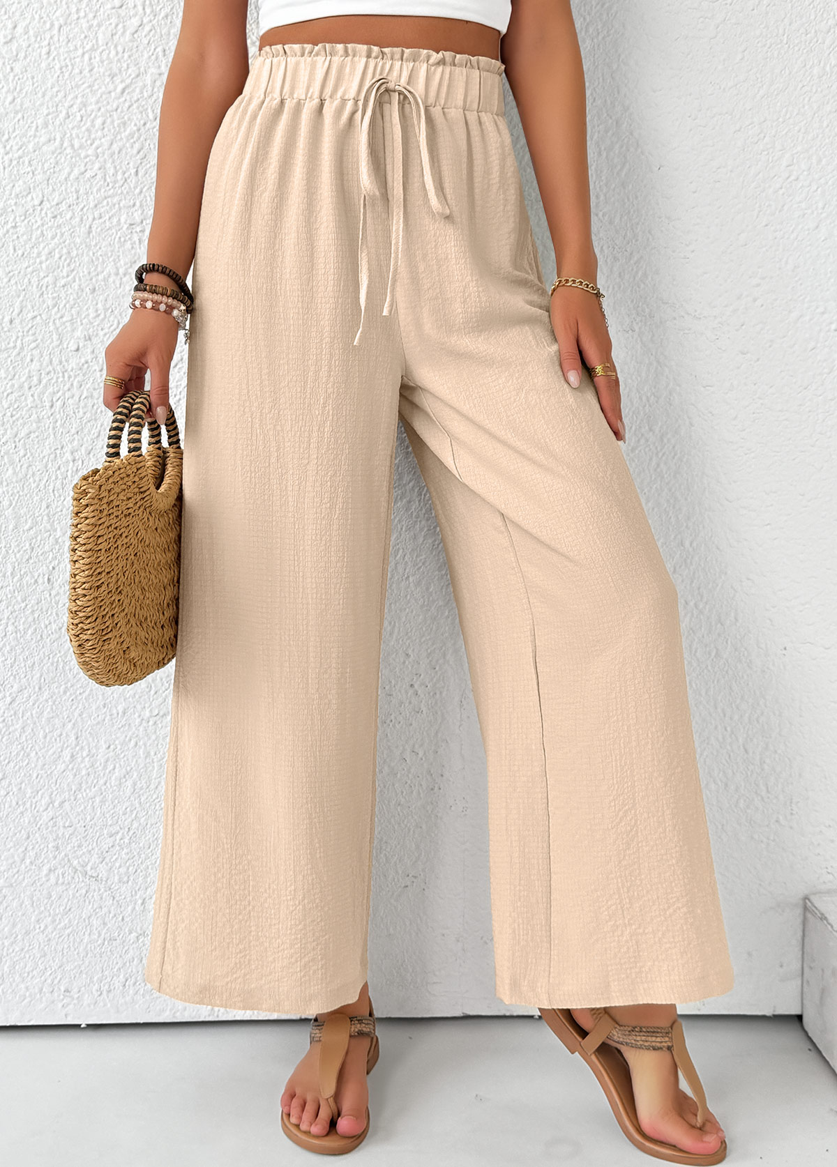 Light Coffee Wide Leg Elastic Waist High Waisted Pants