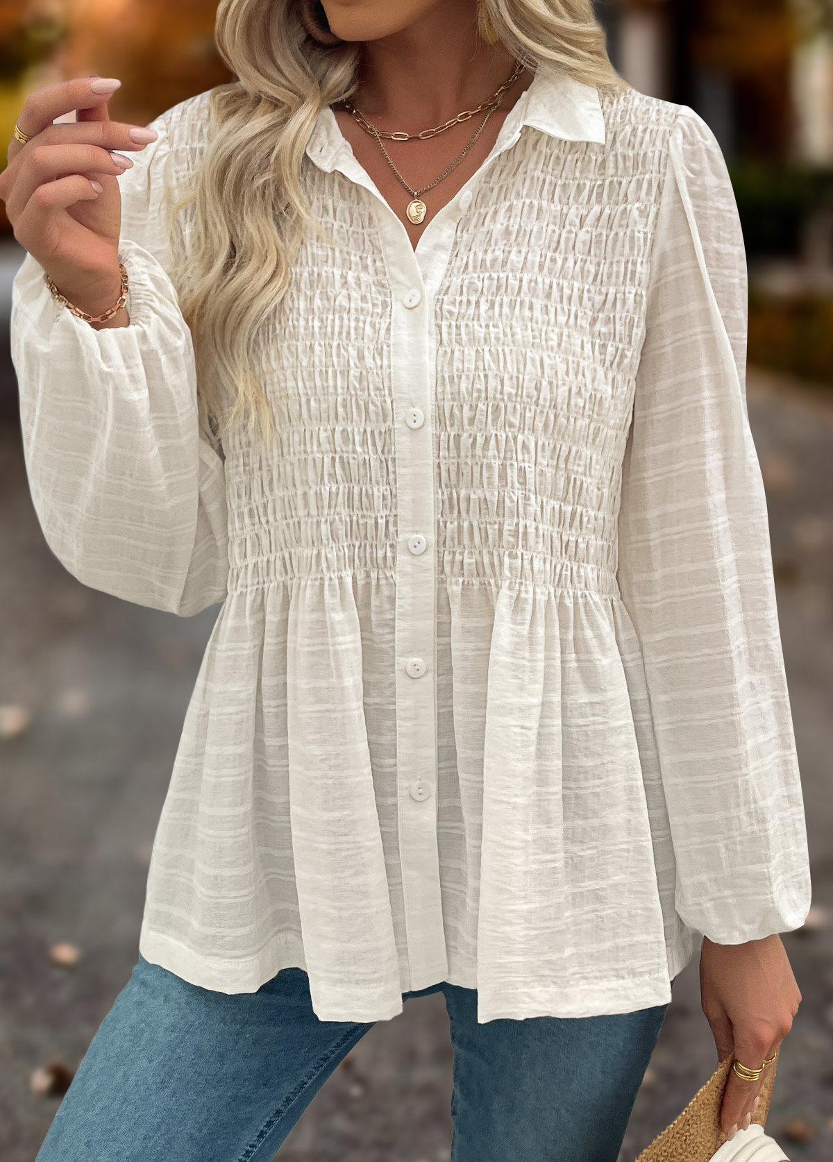 Tummy Coverage Beige Long Sleeve Shirt Collar Blouse