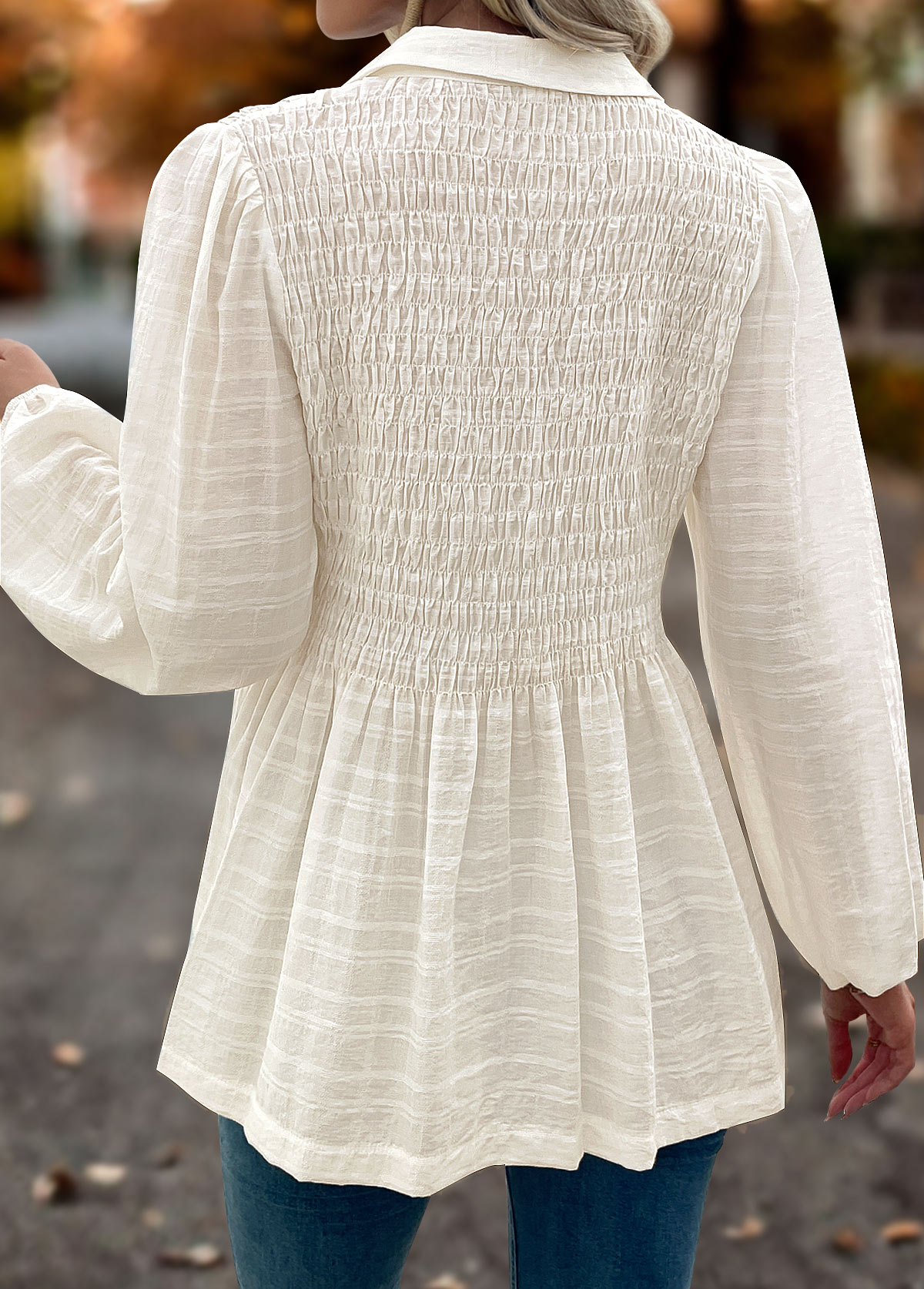 Tummy Coverage Beige Long Sleeve Shirt Collar Blouse