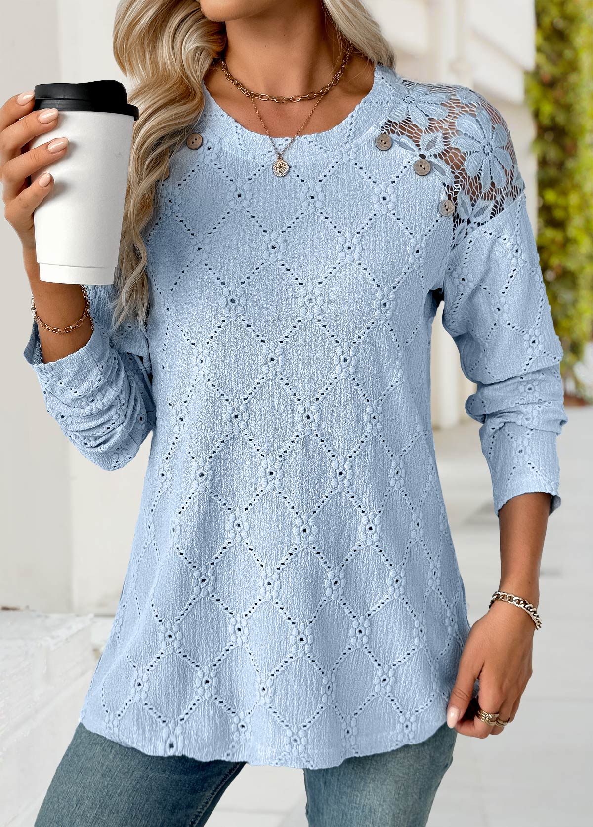 Light Blue Long Sleeve Round Neck T Shirt