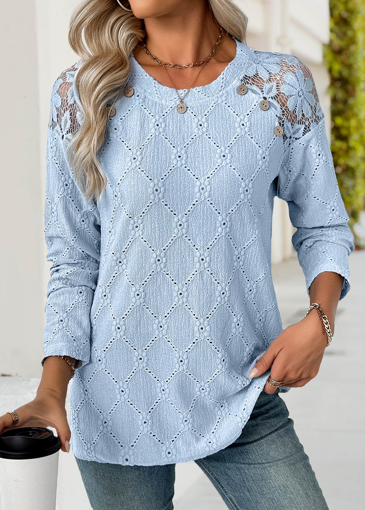 Light Blue Long Sleeve Round Neck T Shirt
