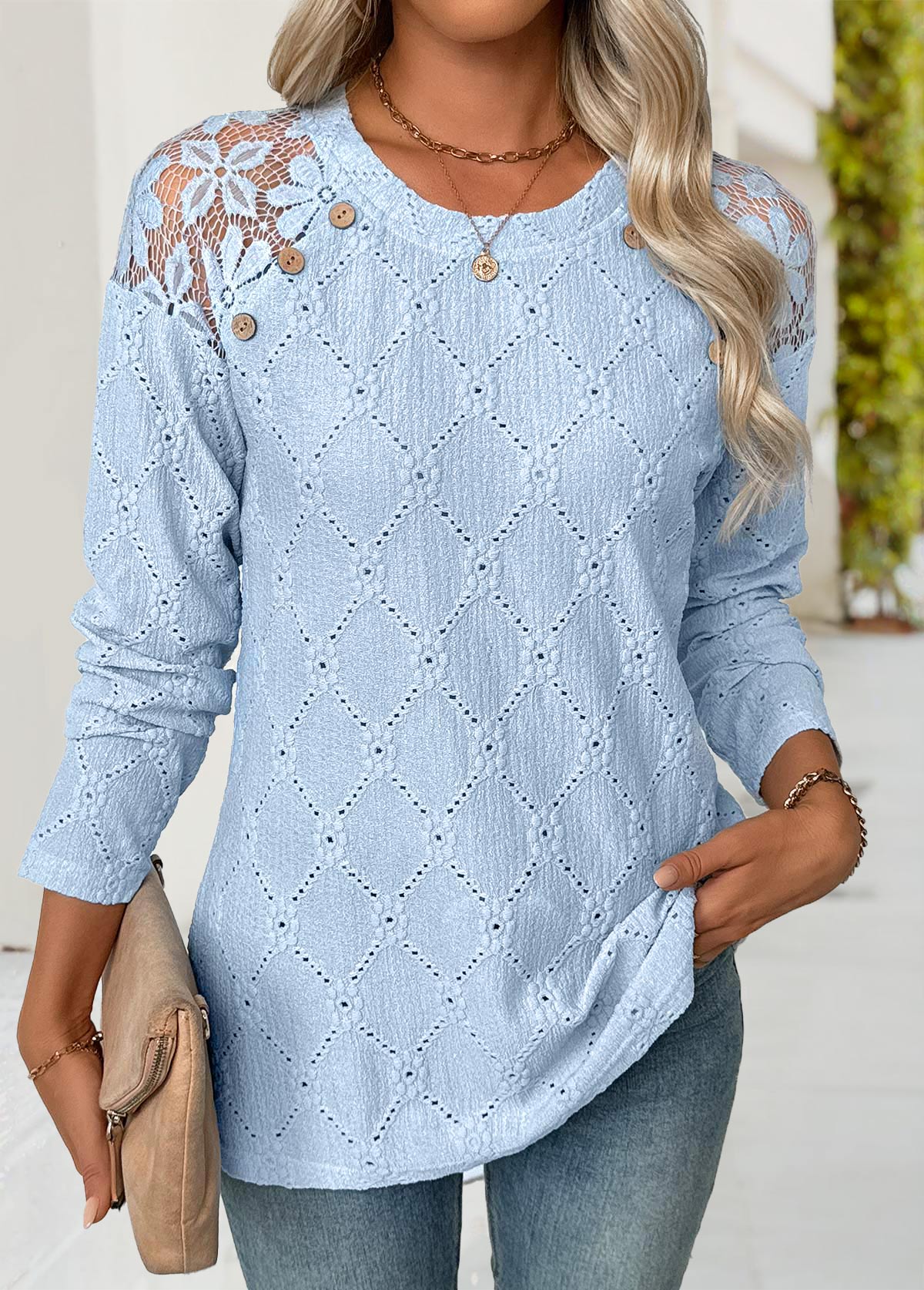 Light Blue Long Sleeve Round Neck T Shirt
